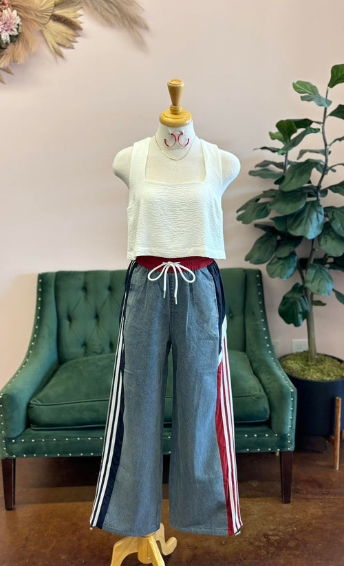 Wide Leg Red & Blue Striped Detailed Pants