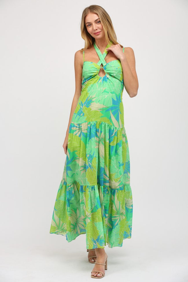 Green Multi Tropical Leaf Printed Maxi Dress