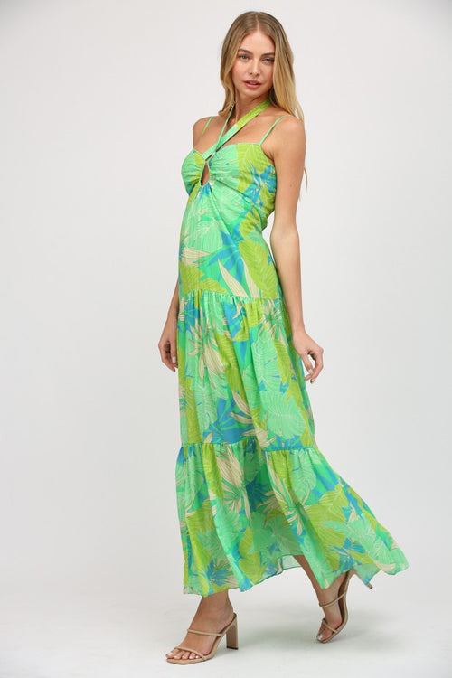 Green Multi Tropical Leaf Printed Maxi Dress