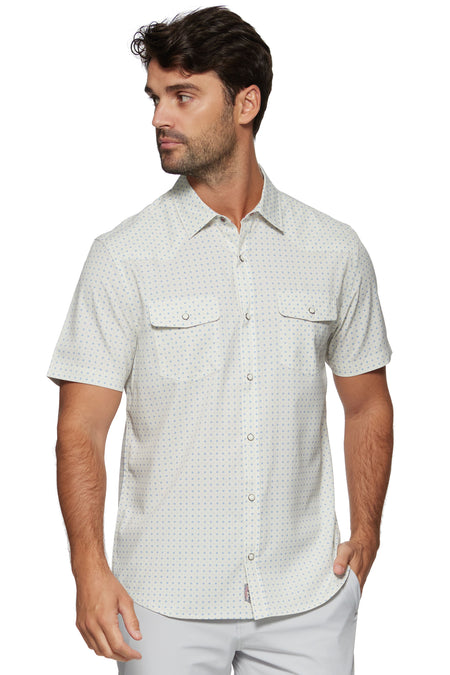 White Colored Dot Print Long Sleeve 4 Way Stretch Shirt