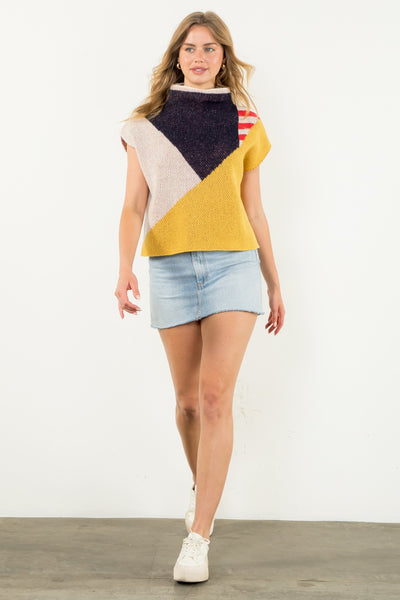 Cream, Mustard, & Navy Color Block Pattern Knit Vest