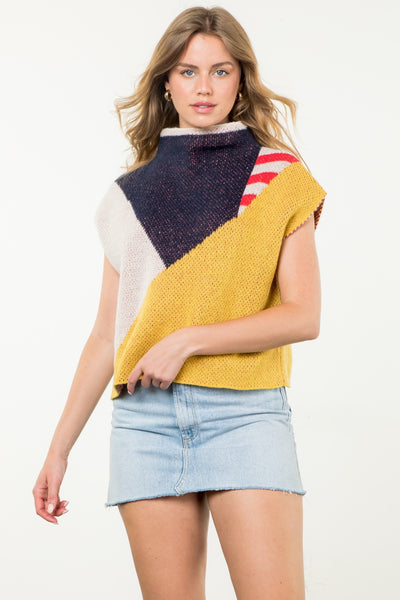 Cream, Mustard, & Navy Color Block Pattern Knit Vest