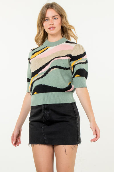 Sage Short Sleeve Abstract Wave Pattern Knit Top