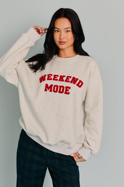 Heather Grey & Red "Weekend Mode" Crew Neck Sweatshirt