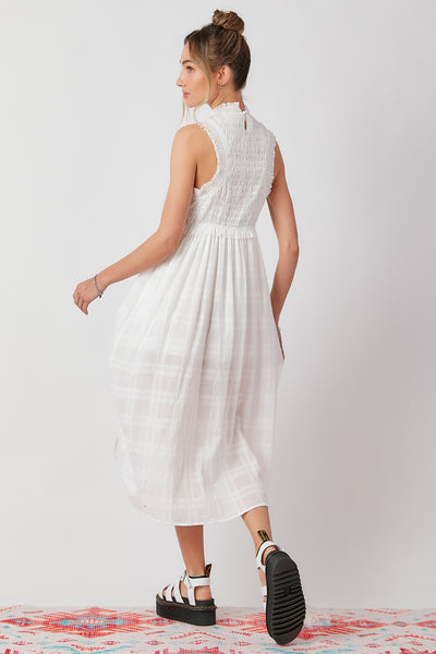 White Smocked Ruffle Detail Midi Dress