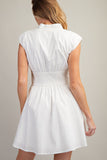 White V-Neck Smocked Front Zip A-Line Mini Dress