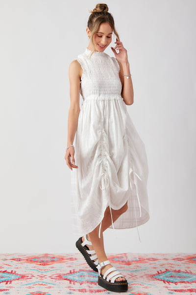 White Smocked Ruffle Detail Midi Dress