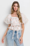 White Floral Print Tie Front Puff Sleeve Top