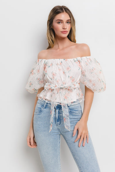 White Floral Print Tie Front Puff Sleeve Top