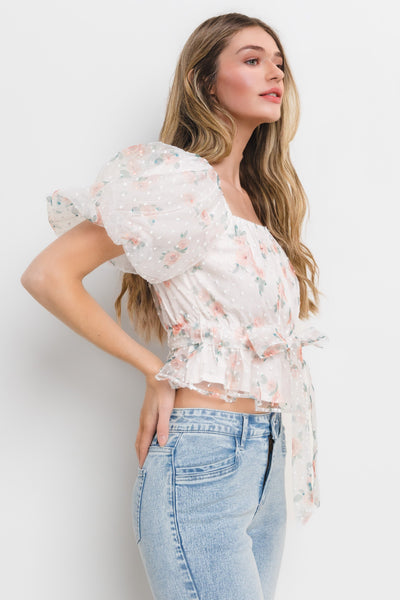 White Floral Print Tie Front Puff Sleeve Top