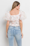 White Floral Print Tie Front Puff Sleeve Top