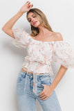 White Floral Print Tie Front Puff Sleeve Top