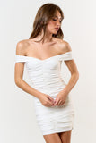 White Off Shoulder Ruching Mini Dress