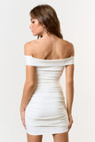 White Off Shoulder Ruching Mini Dress