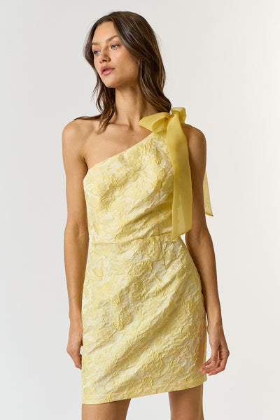 Lemon Colored Jacquard One Shoulder Dress