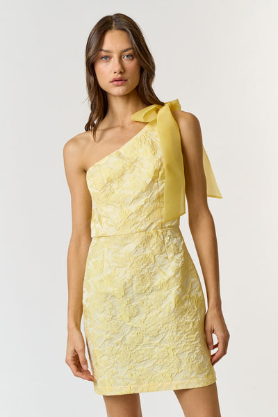 Lemon Colored Jacquard One Shoulder Dress