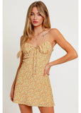 Yellow Ditsy Floral Spaghetti Strap Ruched Dress