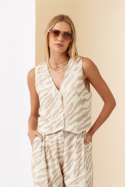 Cream & Beige Zebra Print Vest and Pants Set