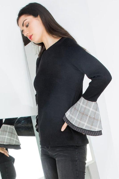 Black and Plaid Ruffle Sleeve Top - THE WEARHOUSE