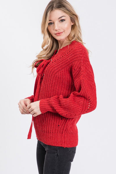 Red Colored Lace Up Long Sleeve Sweater
