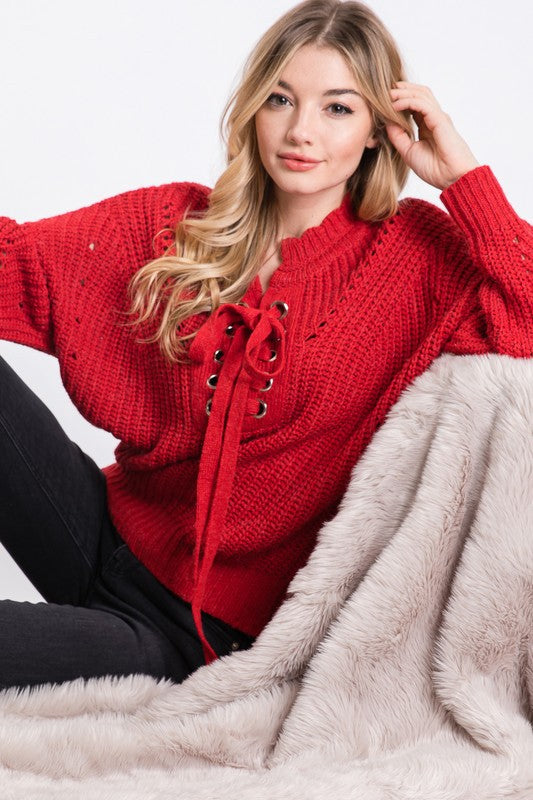 Red Colored Lace Up Long Sleeve Sweater
