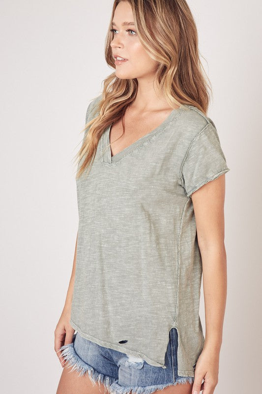 Olive Colored Weathered V-Neck Top