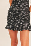 Black and White Ruched Floral Print Mini Dress