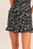 Black and White Ruched Floral Print Mini Dress