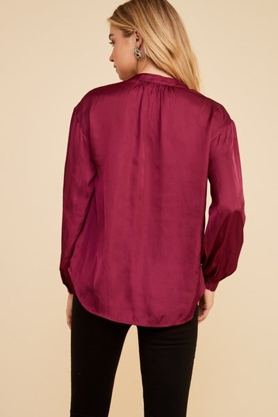 Red Satin Flowy Cuffed Sleeve Button Down Top