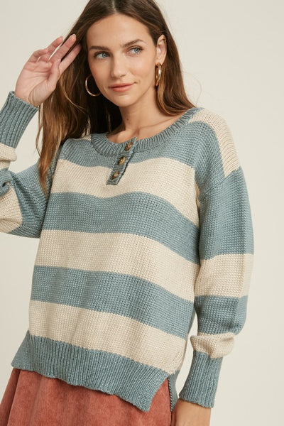 Aqua Striped Three Button Sweater
