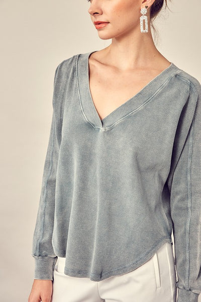 Grey Colored V Neck Long Sleeve Waffle Print Top