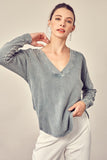 Grey Colored V Neck Long Sleeve Waffle Print Top