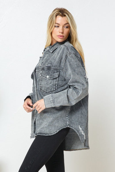 Black Distressed Tencel Shirt Jacket
