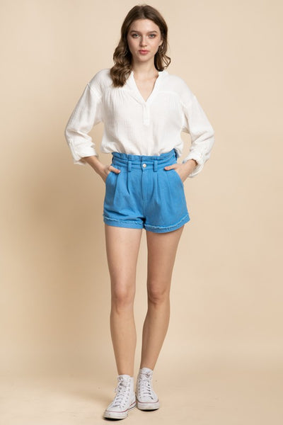 Blue High Waisted Pleated Cotton Shorts