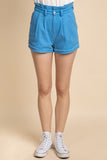 Blue High Waisted Pleated Cotton Shorts