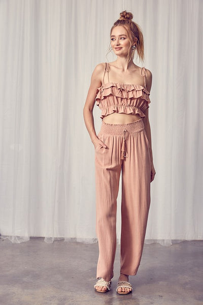 Rose Colored Linen Smocked Waist Pants