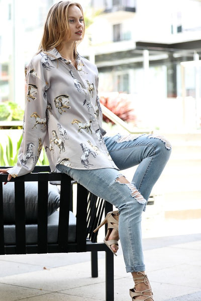 Grey Combo Horse Print Button Down Satin Top