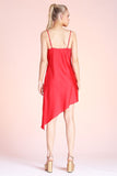 Red Silky Satin Cowl Neck Asymmetrical Midi Dress