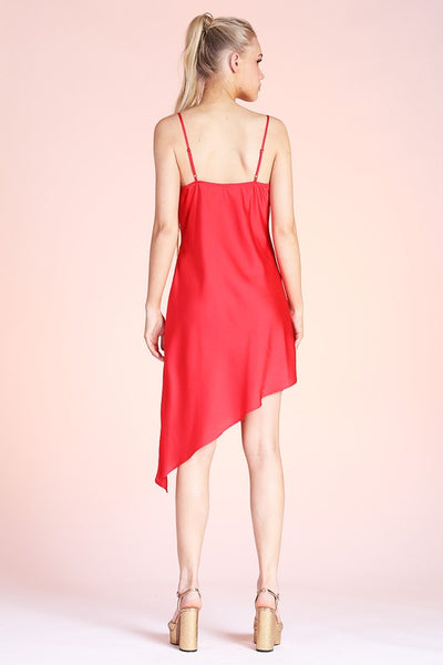 Red Silky Satin Cowl Neck Asymmetrical Midi Dress