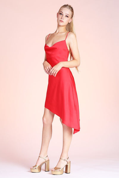 Red Silky Satin Cowl Neck Asymmetrical Midi Dress