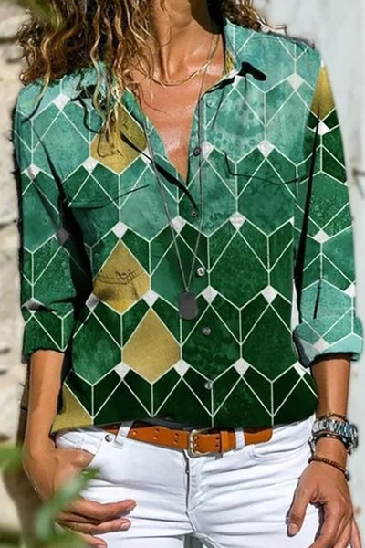 Green Multi Print Button Up Top