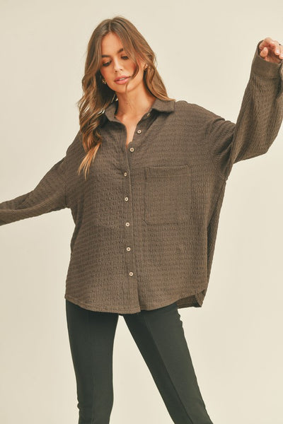 Espresso Colored Crinkled Button Down Top