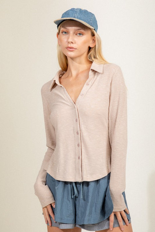 Beige Colored Collared Ribbed V Neck Button Up Top