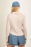 Beige Colored Collared Ribbed V Neck Button Up Top