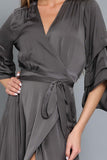 Charcoal Colored Shirring Sleeve Wrap Mini Dress