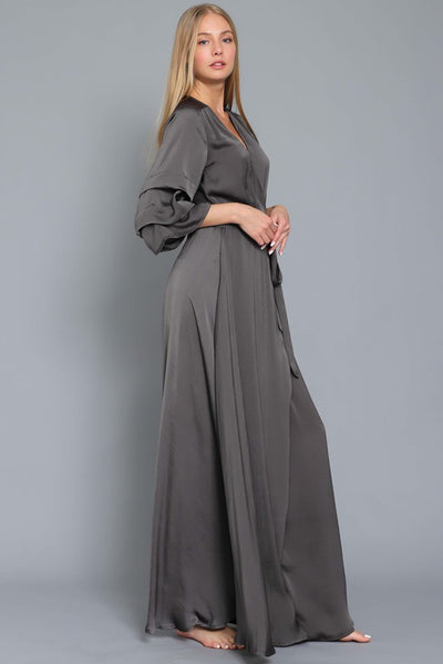 Charcoal Colored Shirring Sleeve Wrap Mini Dress