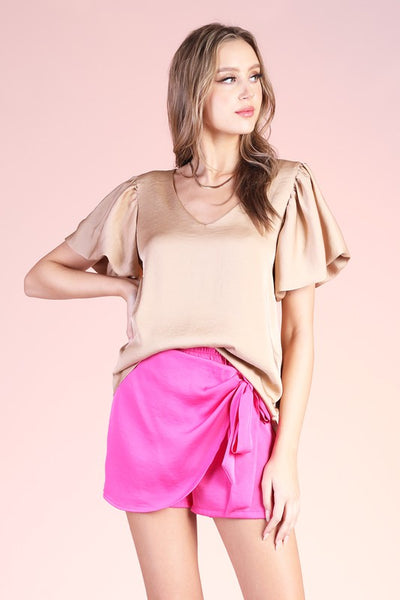 Tan Colored Washed Poly Silk Bubble Sleeve Top