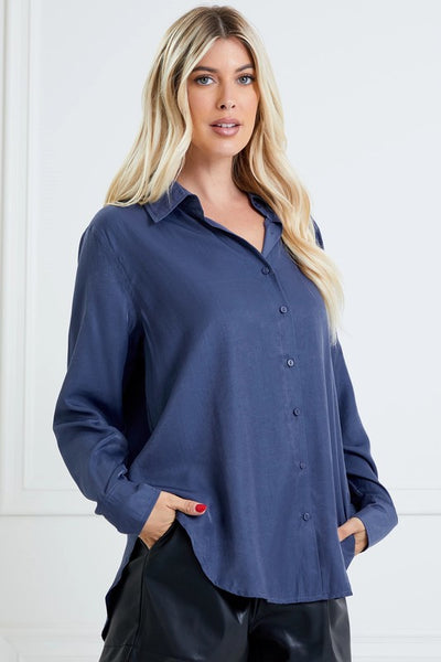Navy Long Sleeve Button Down Tale Hem Shirt