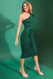 Green Metallic One Shoulder Midi Dress