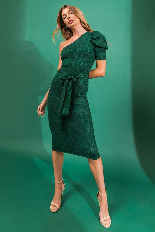 Green Metallic One Shoulder Midi Dress
